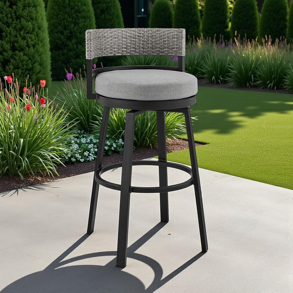 33" Light Gray Metal Swivel Low back Outdoor Bar Height chair with Footrest HomeRoots