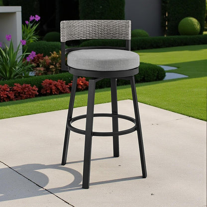 38" Light Gray Metal Swivel Low back Outdoor Bar Height chair with Footrest HomeRoots