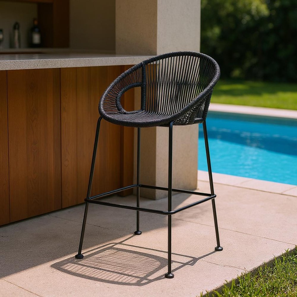 40" Black Metal Low back Outdoor Counter Height Bar chair with Footrest HomeRoots