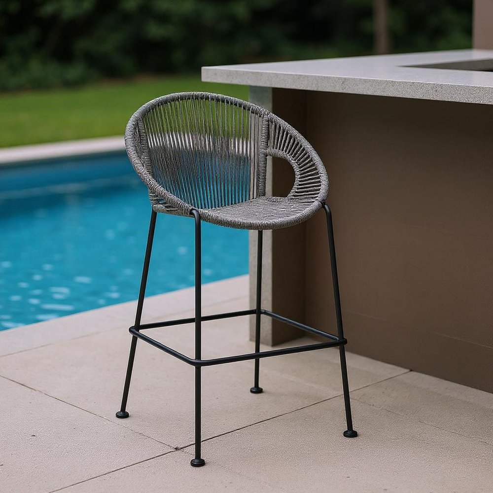 40" Light Gray Metal Low back Outdoor Counter Height Bar chair with Footrest HomeRoots