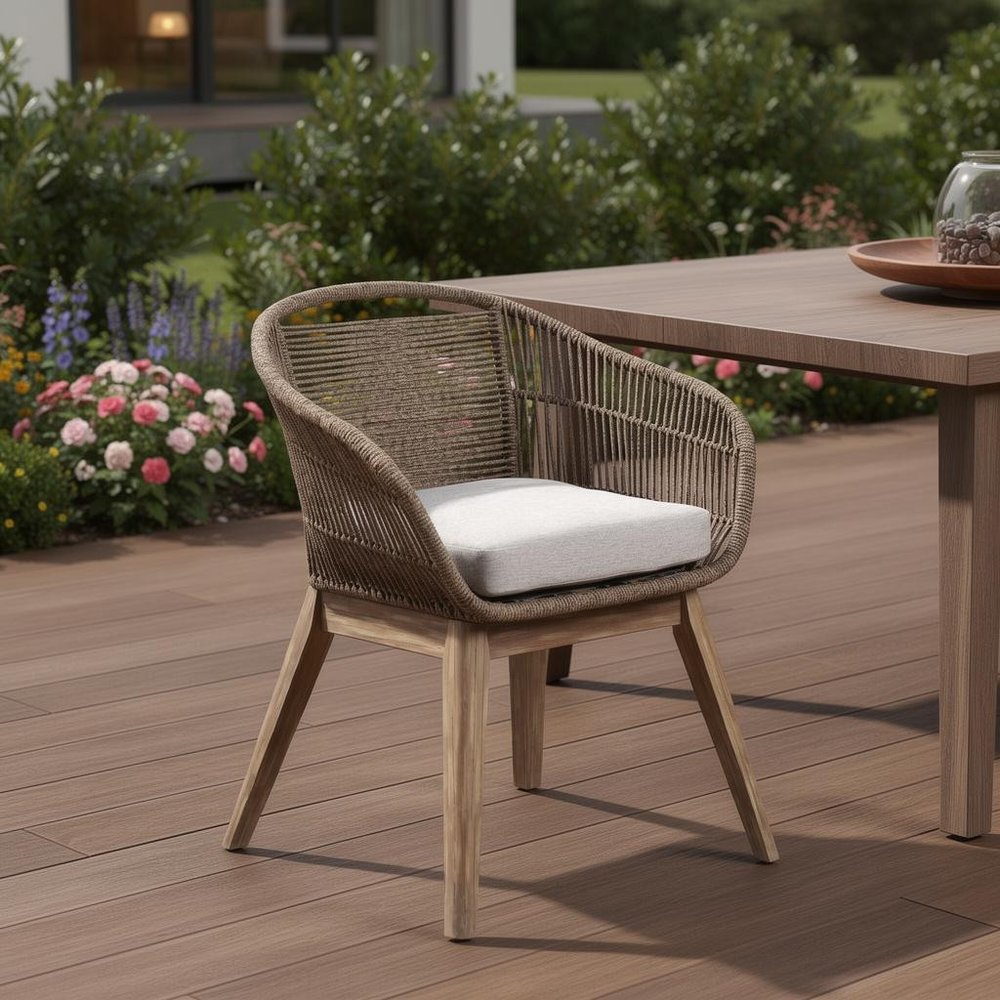 27" Gray and Natural Wood Solid Wood Outdoor Dining Chair with Gray Cushion HomeRoots