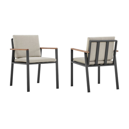Set of Two 22" Light Gray Solid Wood Outdoor Dining Chair with Taupe Cushion HomeRoots