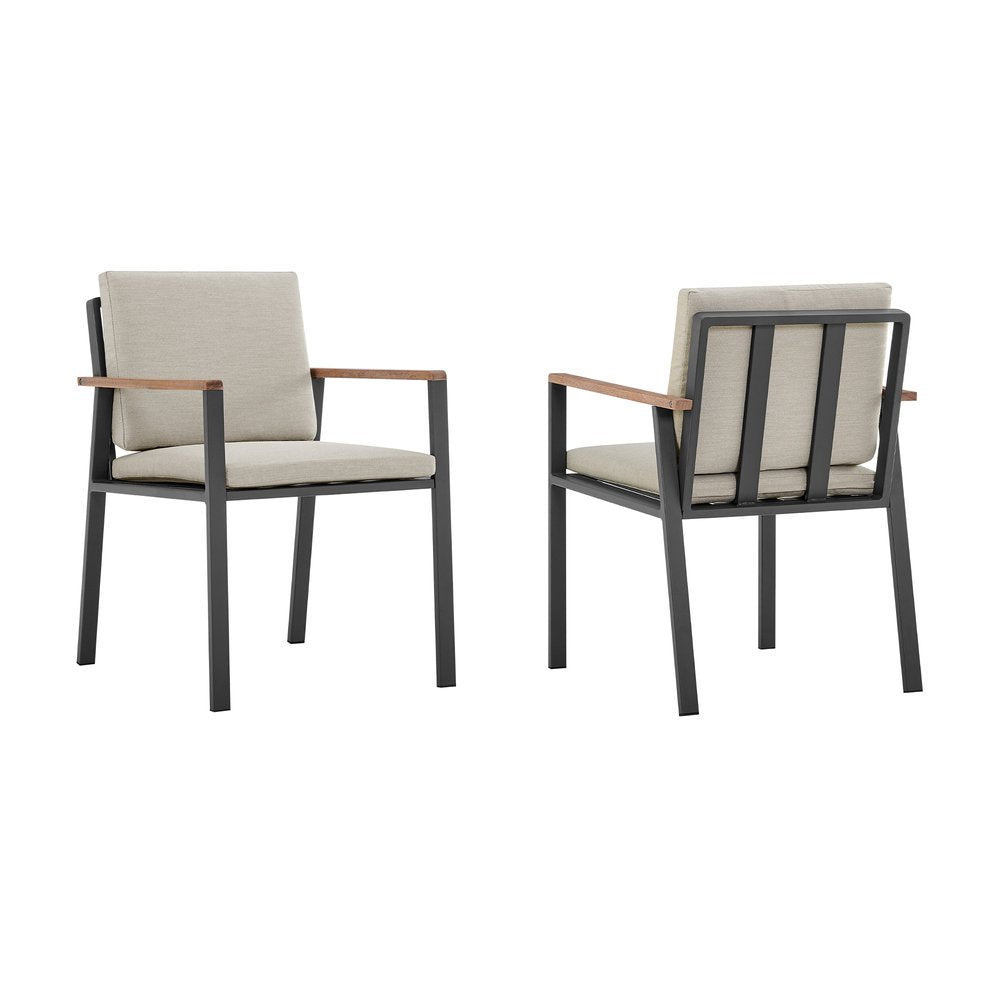 Set of Two 22" Light Gray Solid Wood Outdoor Dining Chair with Taupe Cushion HomeRoots