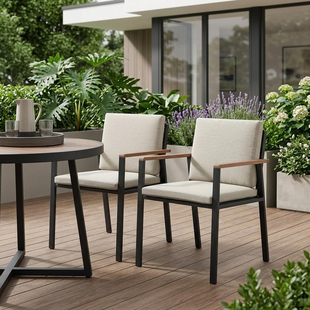Set of Two 22" Light Gray Solid Wood Outdoor Dining Chair with Taupe Cushion HomeRoots