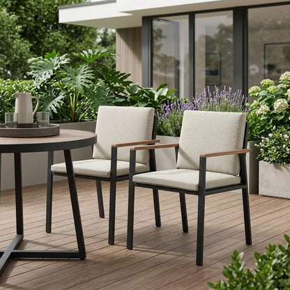 Set of Two 22" Light Gray Solid Wood Outdoor Dining Chair with Taupe Cushion HomeRoots