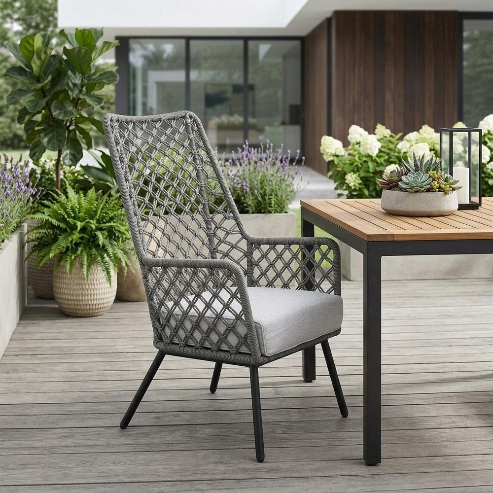 26" Gray and Black Steel Indoor Outdoor Dining Chair with Gray Cushion HomeRoots