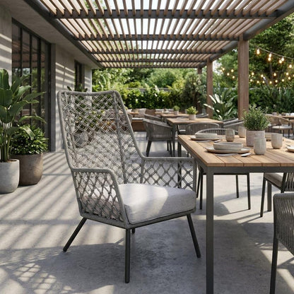26" Gray and Black Steel Indoor Outdoor Dining Chair with Gray Cushion HomeRoots