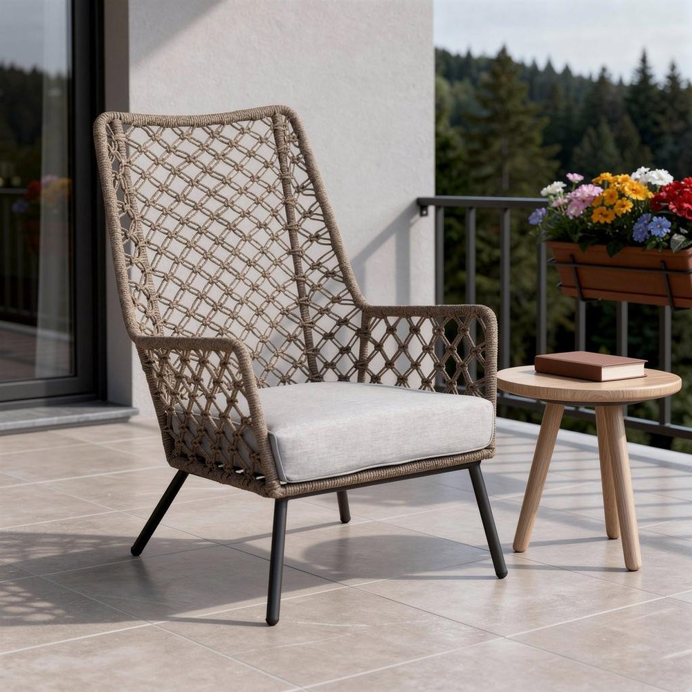 26" Gray Metal Outdoor Arm Chair with Gray Cushion HomeRoots