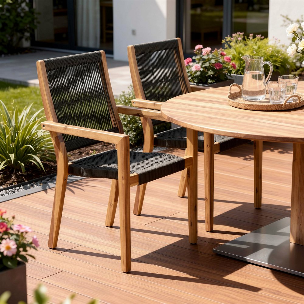 Set of Two 23" Charcoal and Natural Wood Solid Wood Outdoor Arm Chair HomeRoots