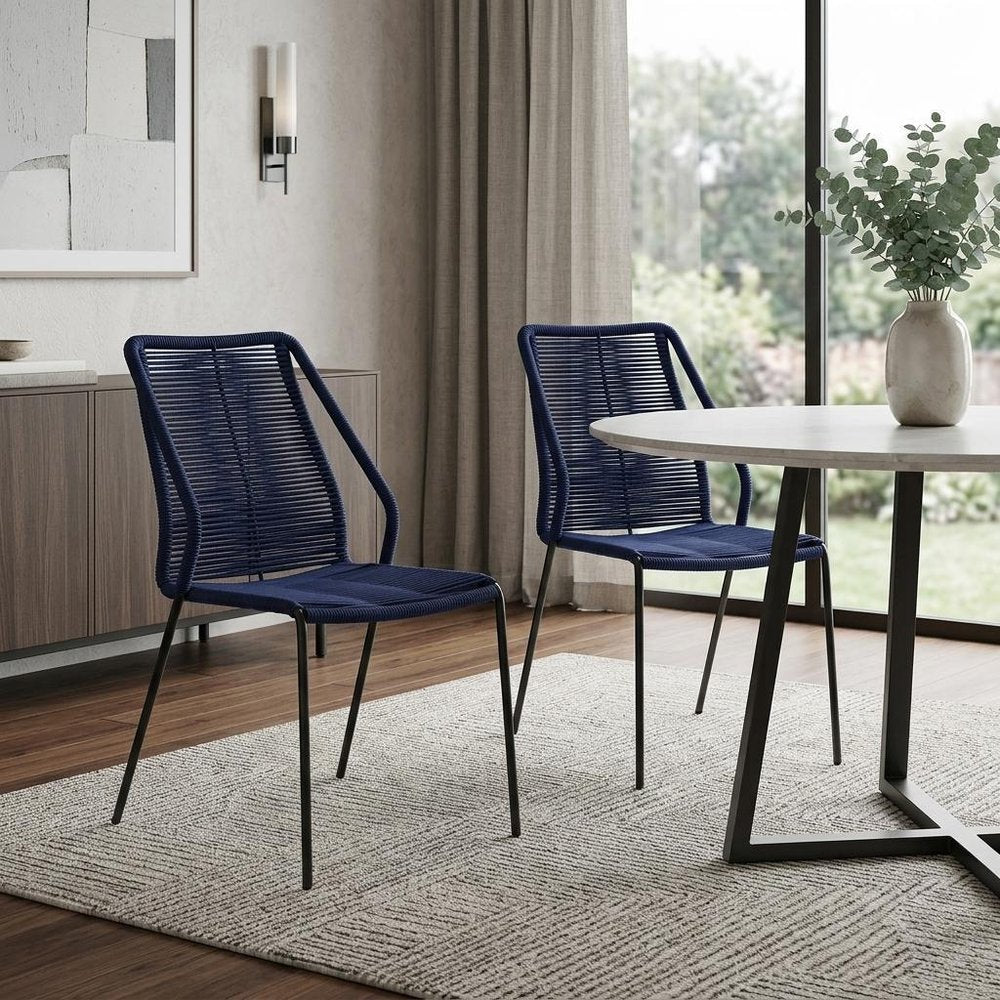 Set of Two 22" Blue Metal Outdoor Dining Chair HomeRoots