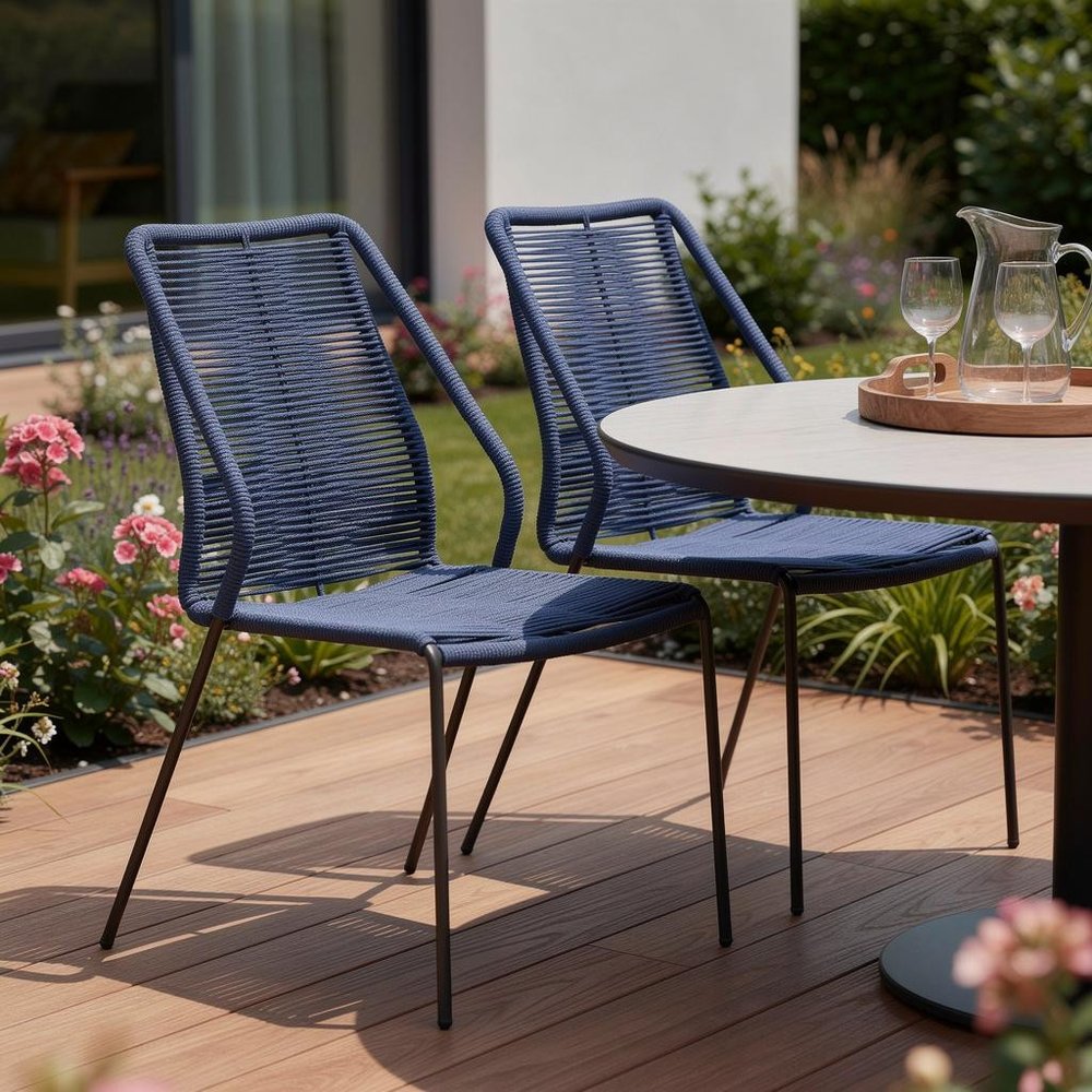 Set of Two 22" Blue Metal Outdoor Dining Chair HomeRoots