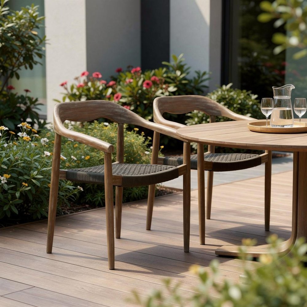 Set of Two 22" Black and Natural Wood Solid Wood Outdoor Dining Chairs HomeRoots