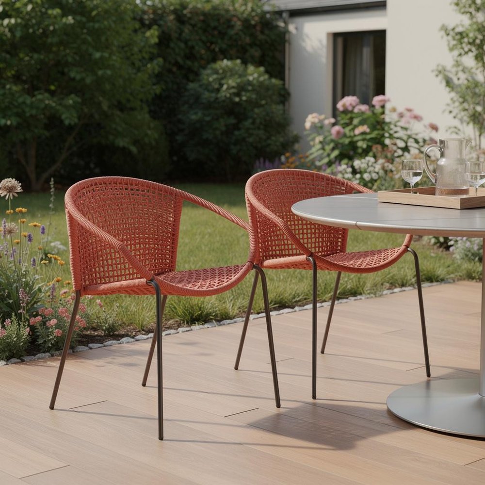 Set of Two 25" Red Metal Outdoor Dining Chair HomeRoots