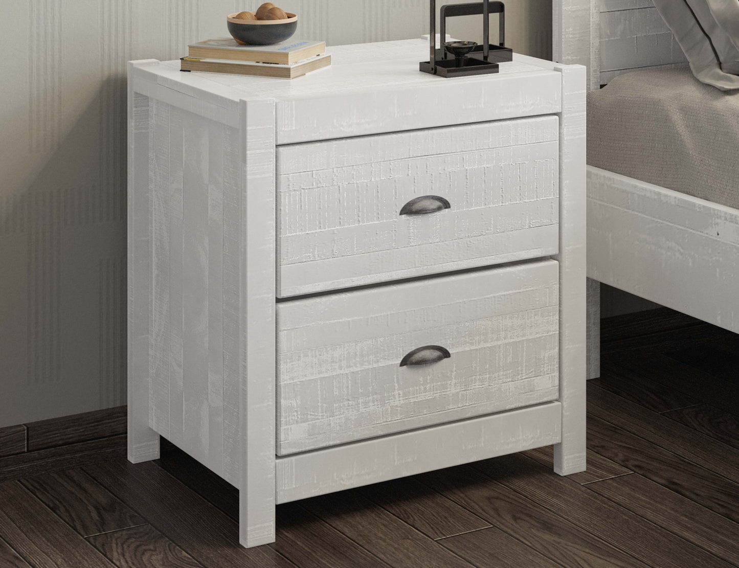 24" White Distressed Solid Wood Two Drawer Nightstand