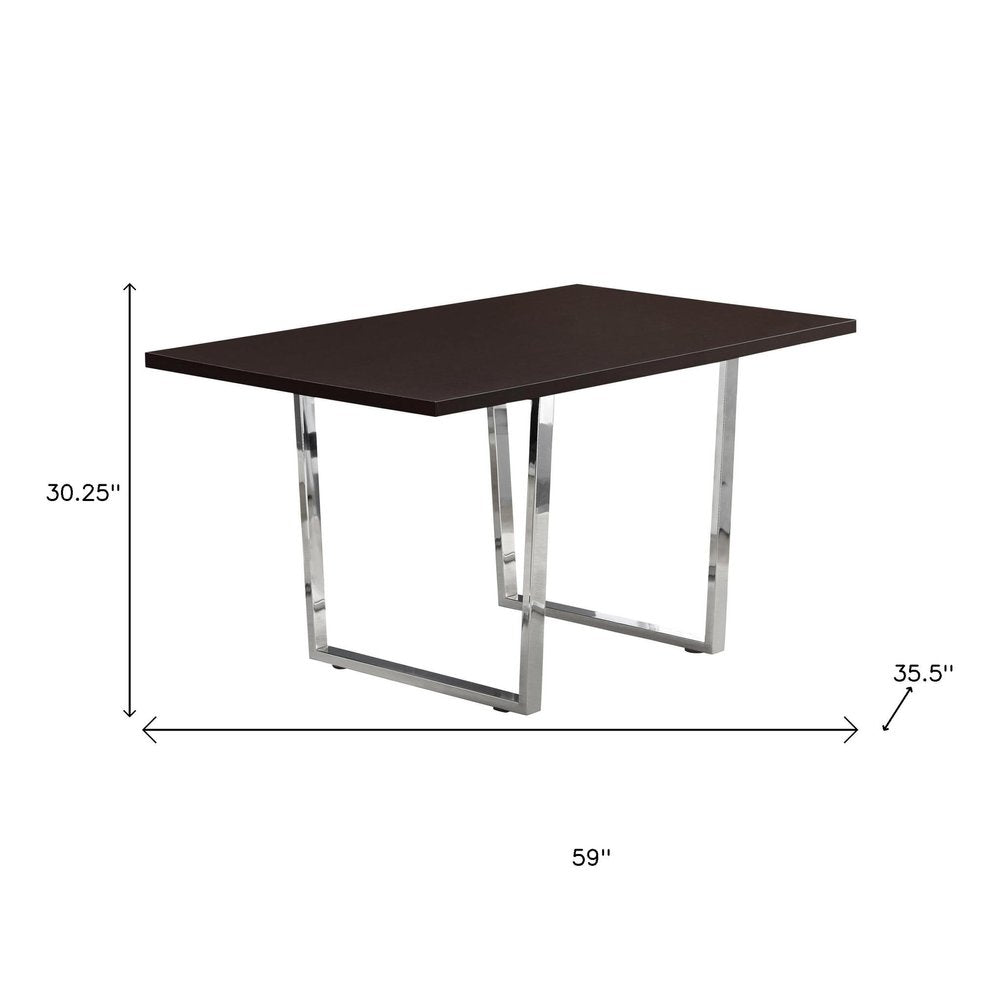 59" Espresso And Silver Solid Wood And Metal Sled Base Dining Table HomeRoots