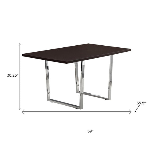 59" Espresso And Silver Solid Wood And Metal Sled Base Dining Table HomeRoots