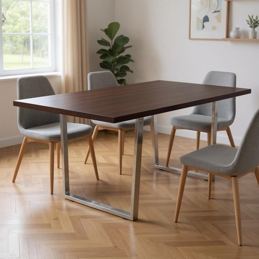 59" Espresso And Silver Solid Wood And Metal Sled Base Dining Table HomeRoots