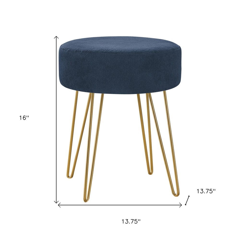 14" Blue and Gold Fabric Round Ottoman HomeRoots