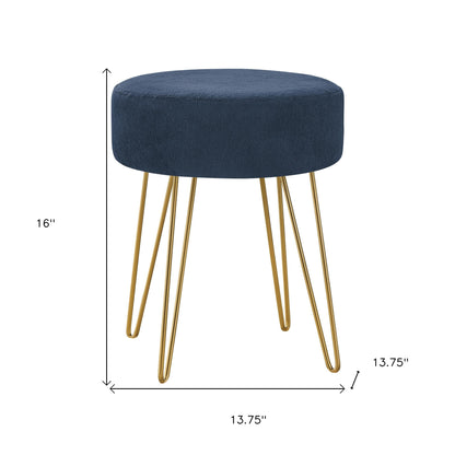 14" Blue Velvet And Gold Round Ottoman