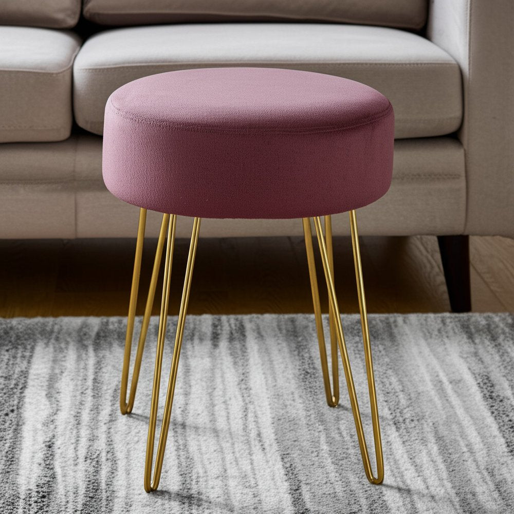 14" Plum Fabric and Gold Round Ottoman HomeRoots