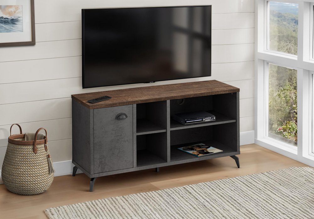 47" Brown And Gray Distressed Reclaimed Wood Enclosed and Open Storage TV Stand HomeRoots