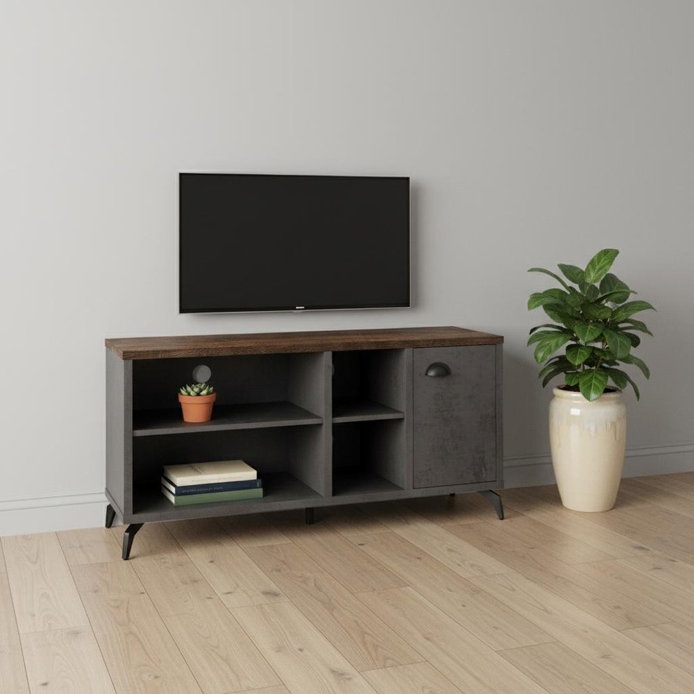 47" Brown And Gray Distressed Reclaimed Wood Enclosed and Open Storage TV Stand HomeRoots