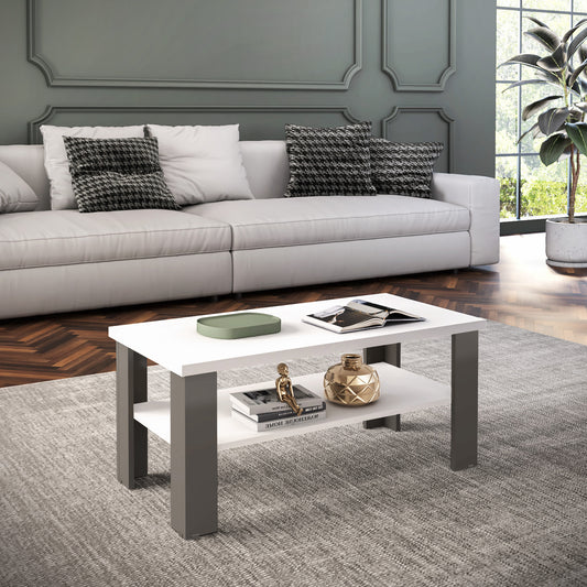 35" White And Light Gray Coffee Table With Shelf