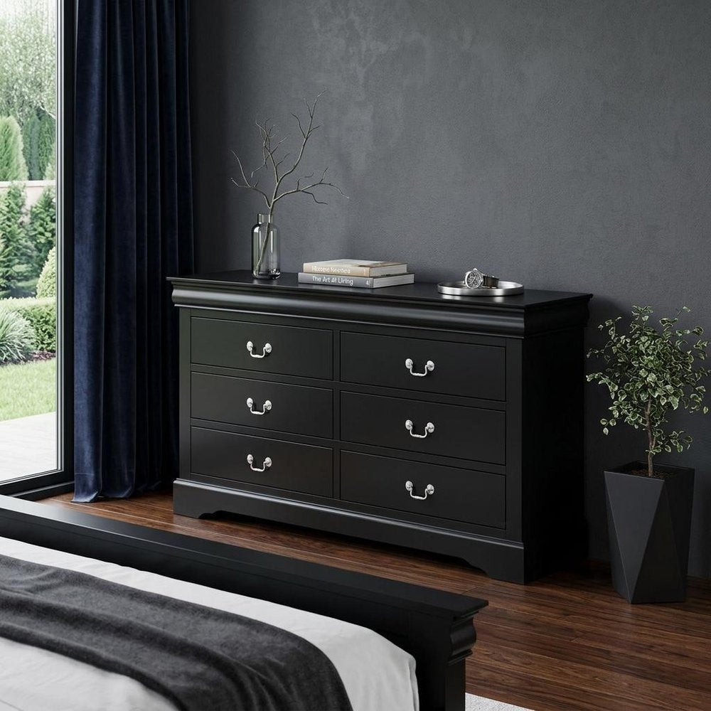 60" Black Solid and Manufactured Wood Six Drawer Double Dresser HomeRoots