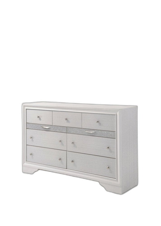63" White And Silver Faux Crystal Bling Wood Nine Drawer Double Dresser