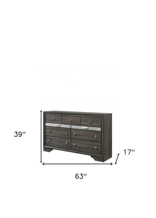 63" Gray And Silver Faux Crystal Bling Wood Nine Drawer Double Dresser