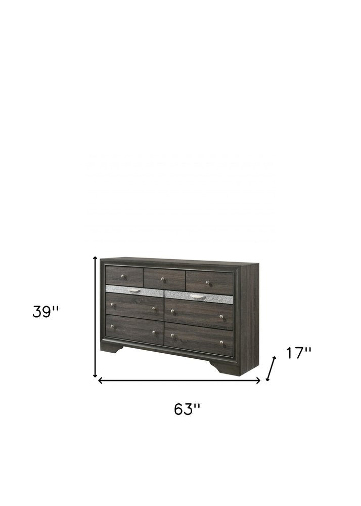 63" Gray And Silver Faux Crystal Bling Wood Nine Drawer Double Dresser — view 2