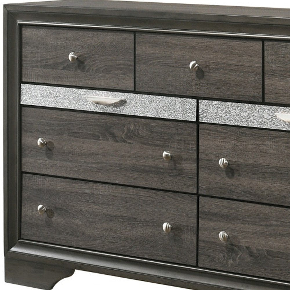 63" Gray And Silver Faux Crystal Bling Wood Nine Drawer Double Dresser