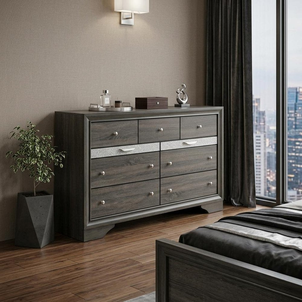 63" Gray Wood Nine Drawer Double Dresser HomeRoots