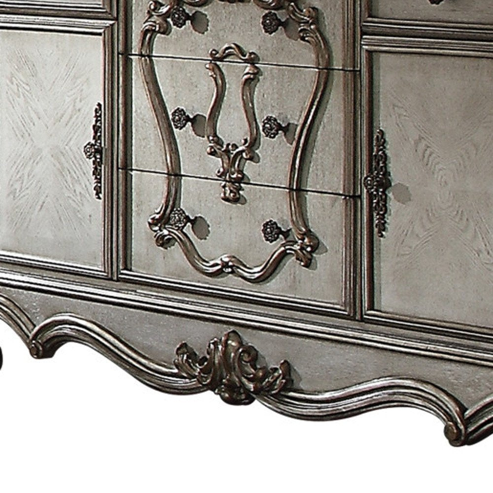 38" Platinum Carved Scrollwork Wood Two Door Five Drawer Combo Dresser
