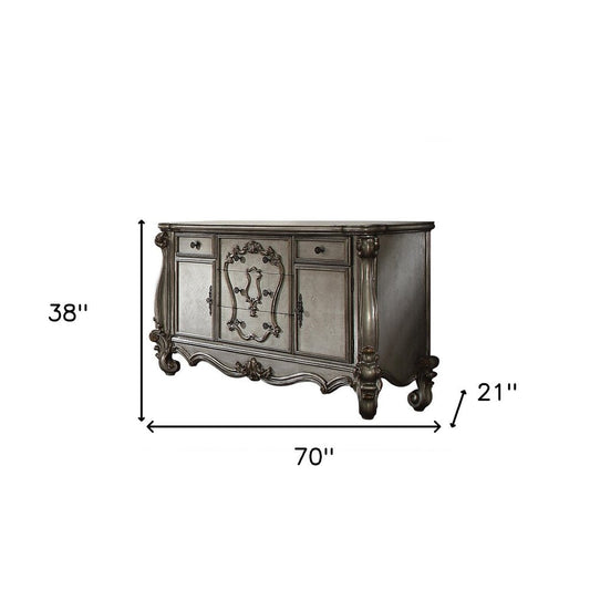 70" Platinum Carved Scrollwork Wood And Polyresin Five Drawer Triple Dresser HomeRoots