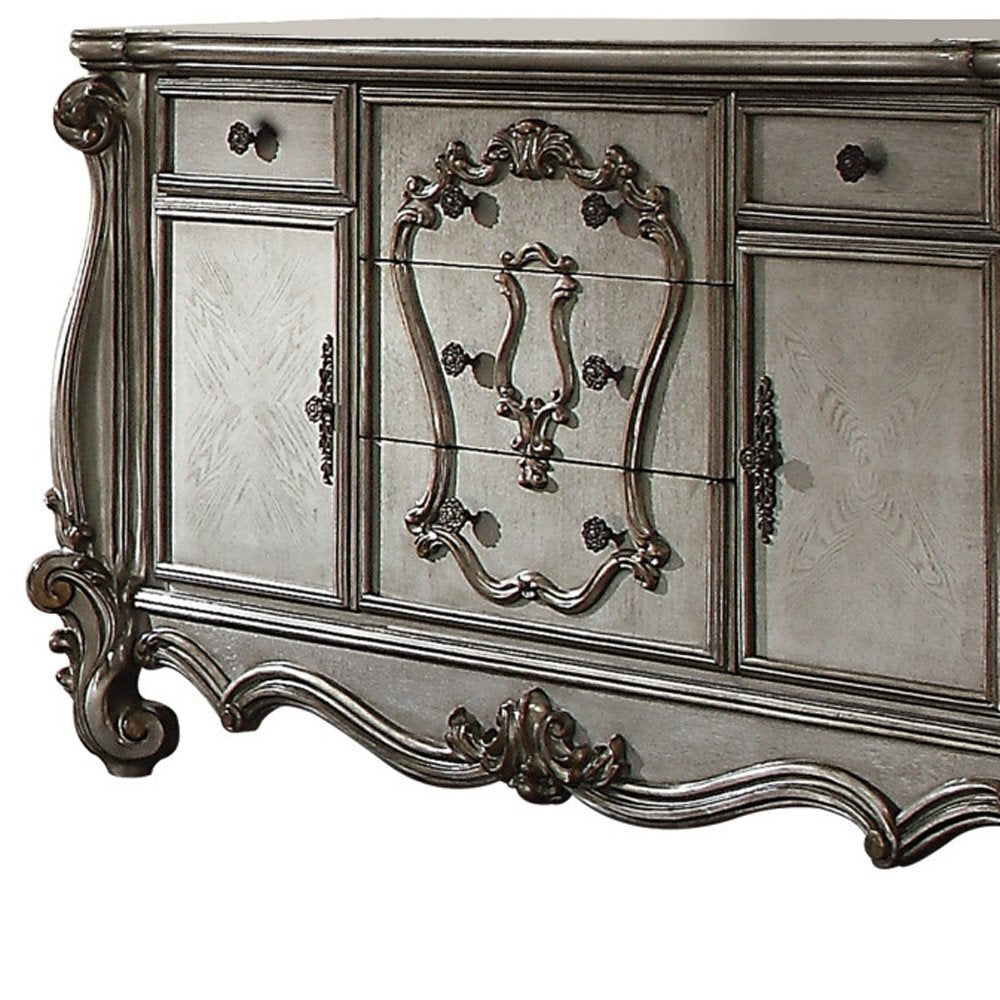 70" Platinum Carved Scrollwork Wood And Polyresin Five Drawer Triple Dresser — view 5