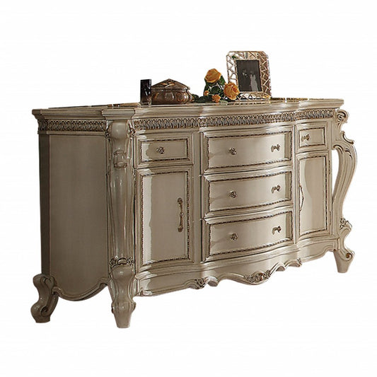 37" Pearl Carved Geometric Wood Two Door Five Drawer Combo Dresser
