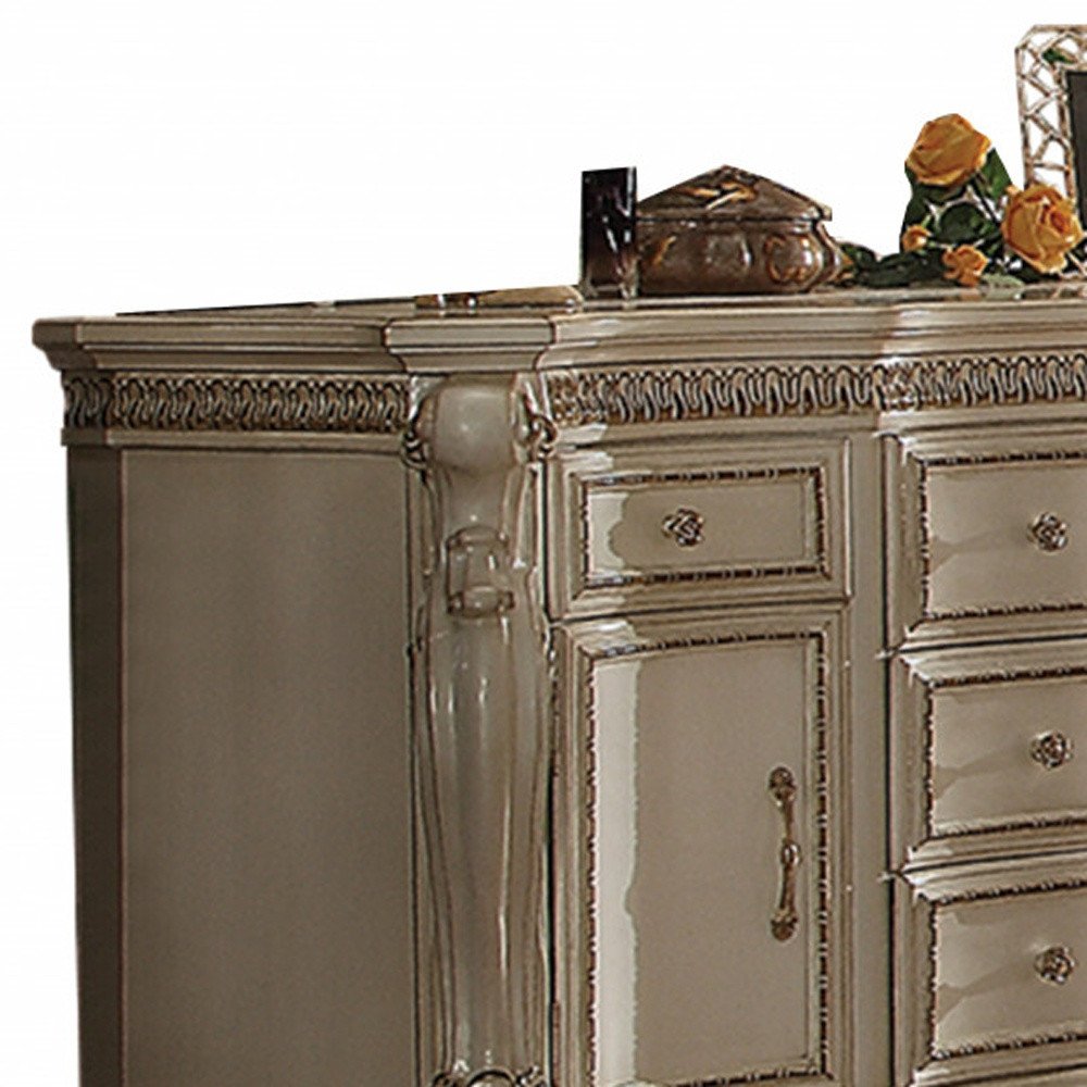 37" Pearl Carved Geometric Wood Two Door Five Drawer Combo Dresser — view 3