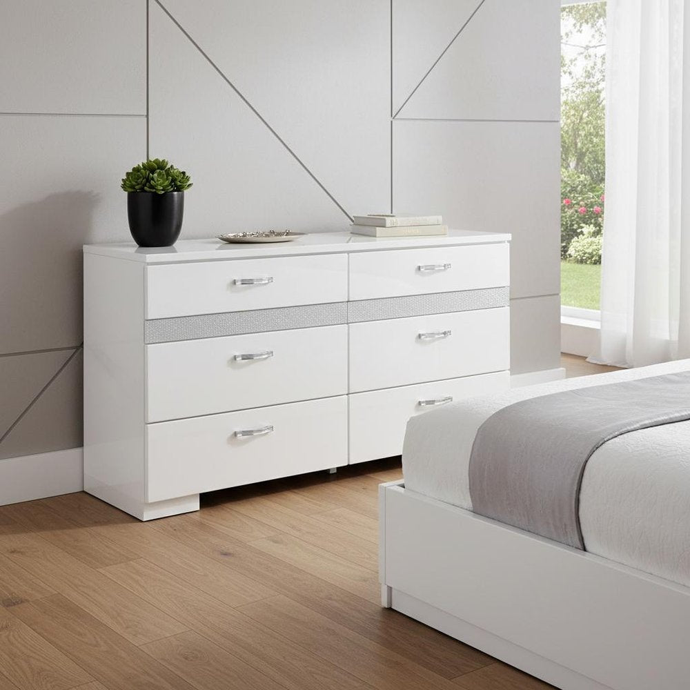 63" White High Gloss Manufactured Wood Eight Drawer Double Dresser HomeRoots
