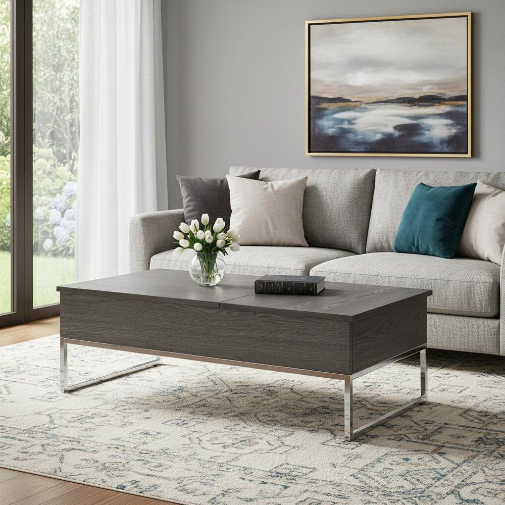 47" Gray and Silver Wood Lift Top Frame Coffee Table HomeRoots