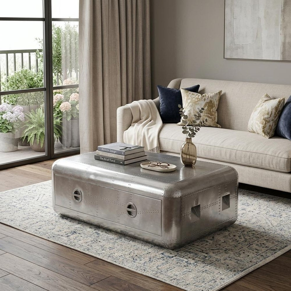52" Silver Aluminum Solid Coffee Table With Drawer HomeRoots
