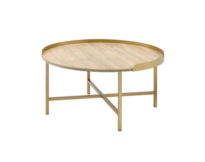 34" Oak and Gold Wood And Metal Round Sled Coffee Table HomeRoots