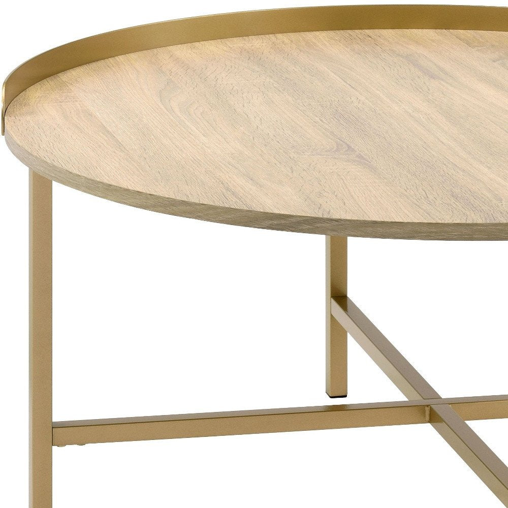 34" Oak and Gold Wood And Metal Round Sled Coffee Table HomeRoots