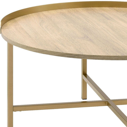 34" Oak and Gold Wood And Metal Round Sled Coffee Table HomeRoots