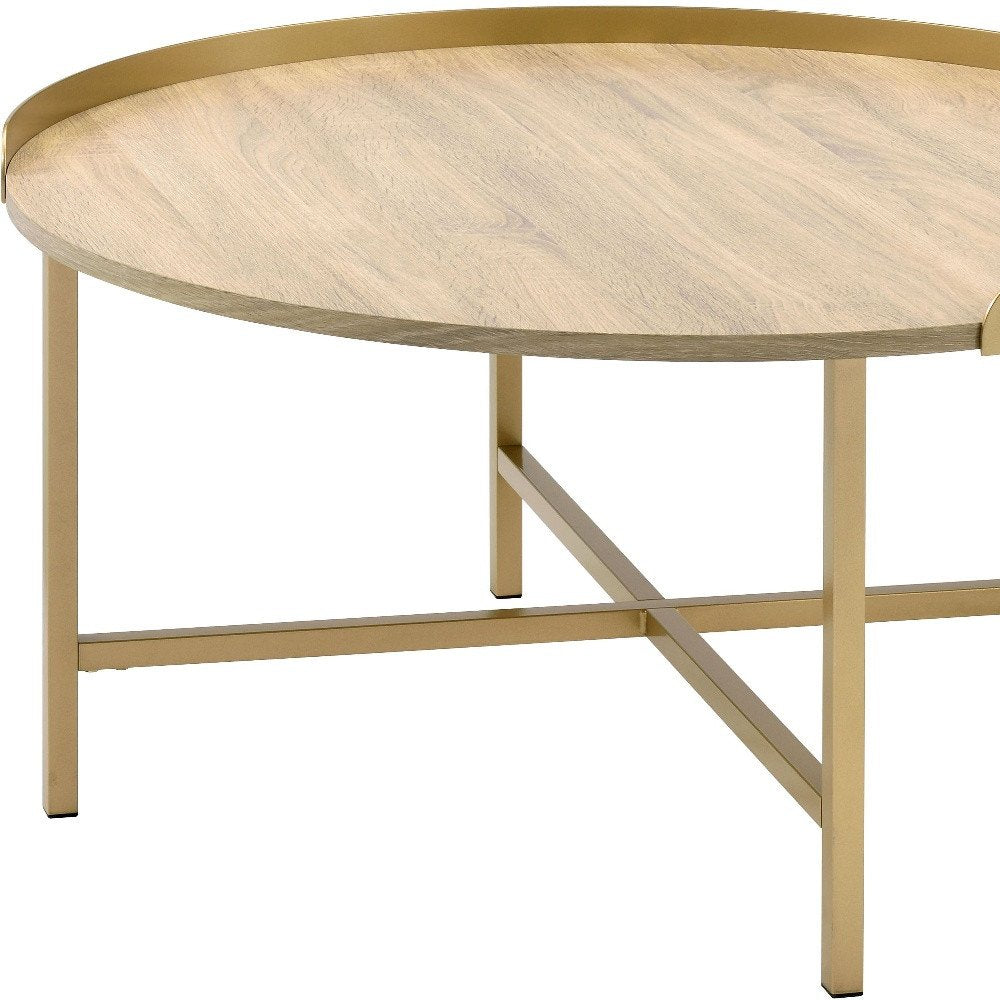34" Oak and Gold Wood And Metal Round Sled Coffee Table HomeRoots