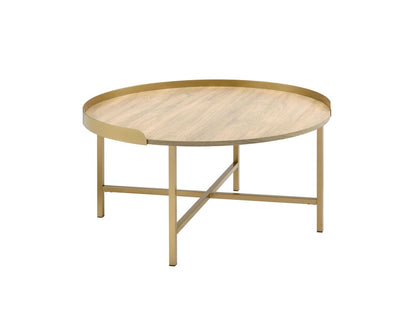 34" Oak and Gold Wood And Metal Round Sled Coffee Table HomeRoots