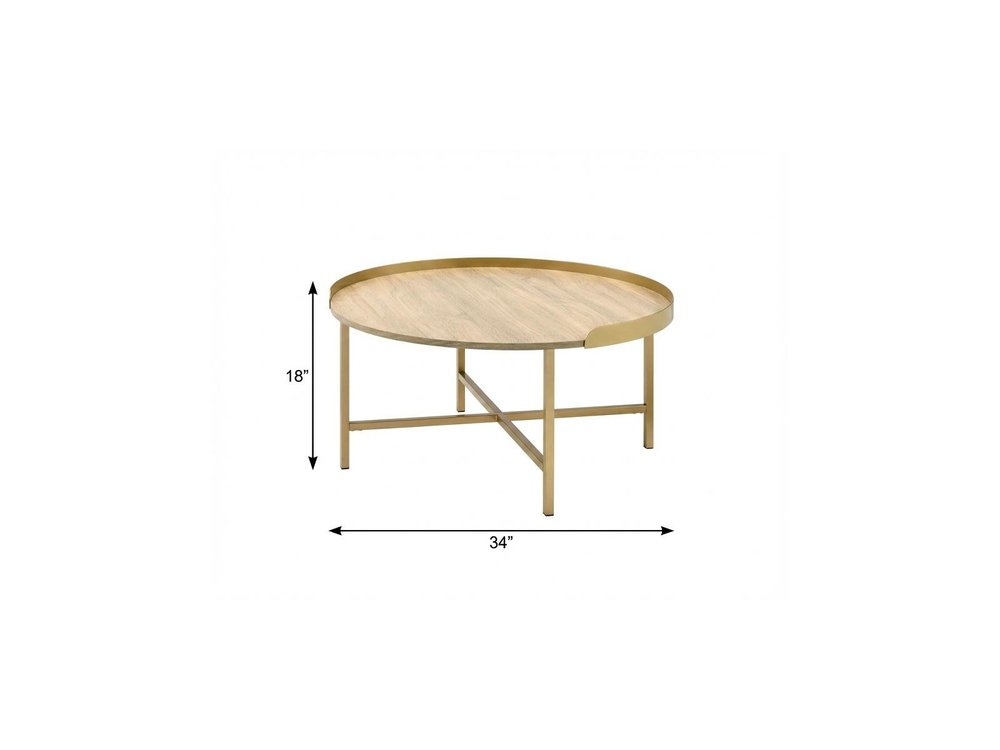 34" Oak and Gold Wood And Metal Round Sled Coffee Table HomeRoots