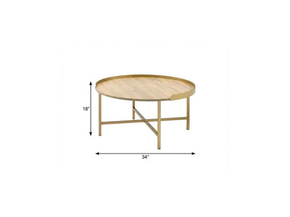 34" Oak and Gold Wood And Metal Round Sled Coffee Table HomeRoots