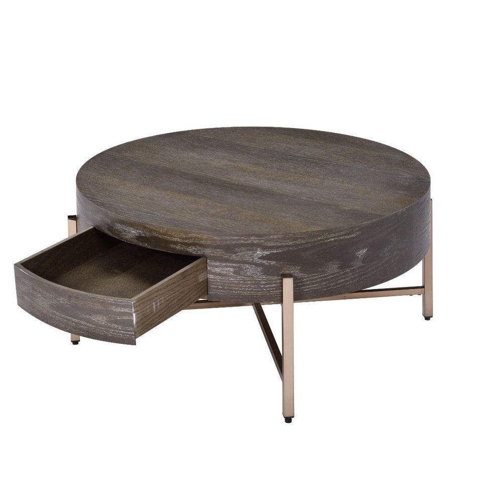 32" Dark Brown and Champagne Wood And Metal Round Sled Coffee Table With Drawer HomeRoots