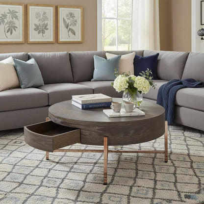 32" Dark Brown and Champagne Wood And Metal Round Sled Coffee Table With Drawer HomeRoots
